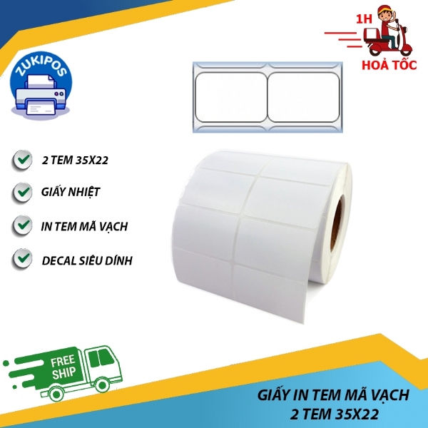 Giấy In Tem Mã Vạch Nhiệt 2 Tem 35x22mm cuộn 2000 tem